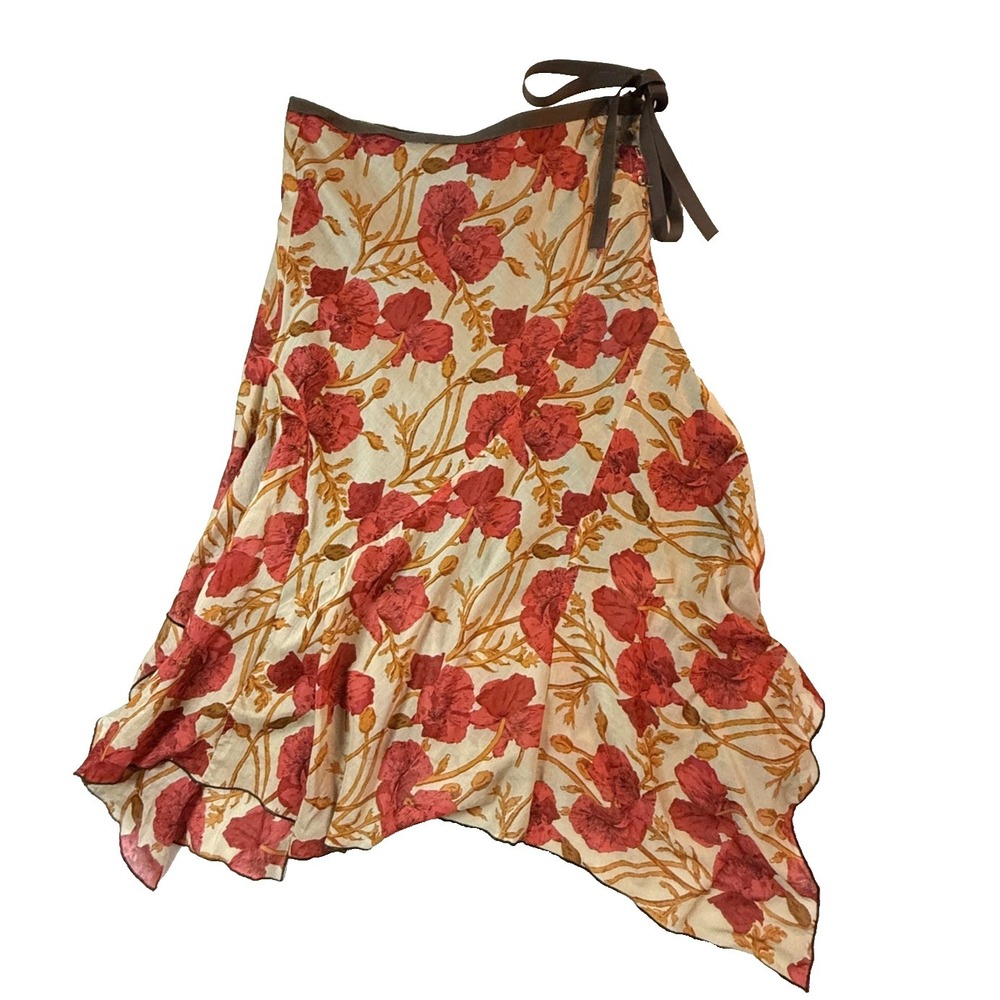 Vintage Floral Handkerchief Hem Wrap Skirt Womens 8 Cotton Boho Poppy Print Midi